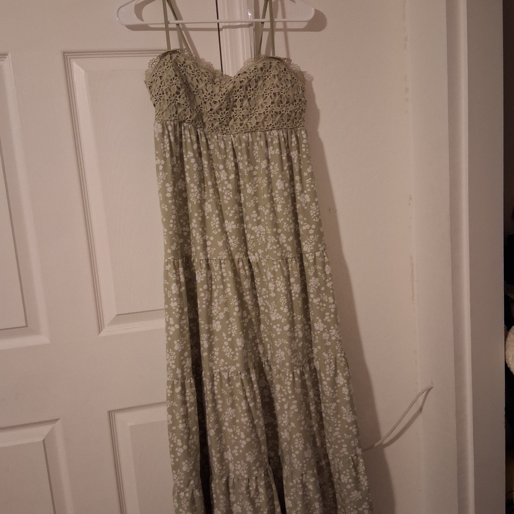 No Boundaries Olive Green Floral Maxi Dress with Crochet Bodice
